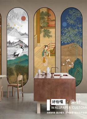 新中式复古仙鹤屏风茶室墙纸沙发电视背景墙壁纸法式餐厅壁画定制