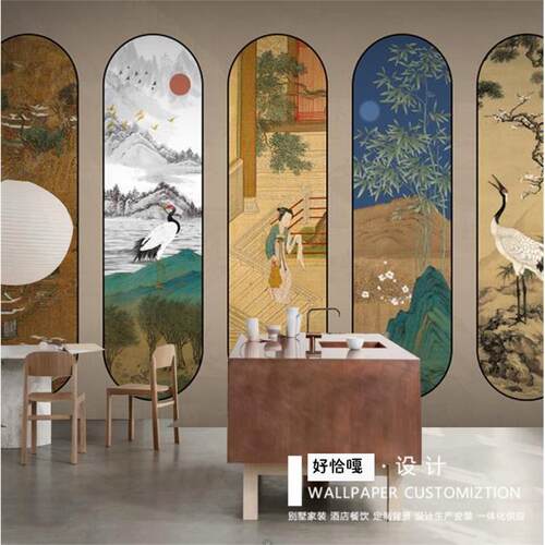 新中式复古仙鹤屏风茶室墙纸沙发电视背景墙壁纸法式餐厅壁画定制