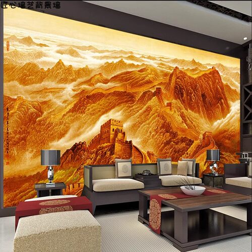 背景墙壁纸金色大气万里长城壁画