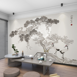 3D松鹤延年电视客厅禅意中式墙布壁纸壁画背景墙新办公室书房沙发