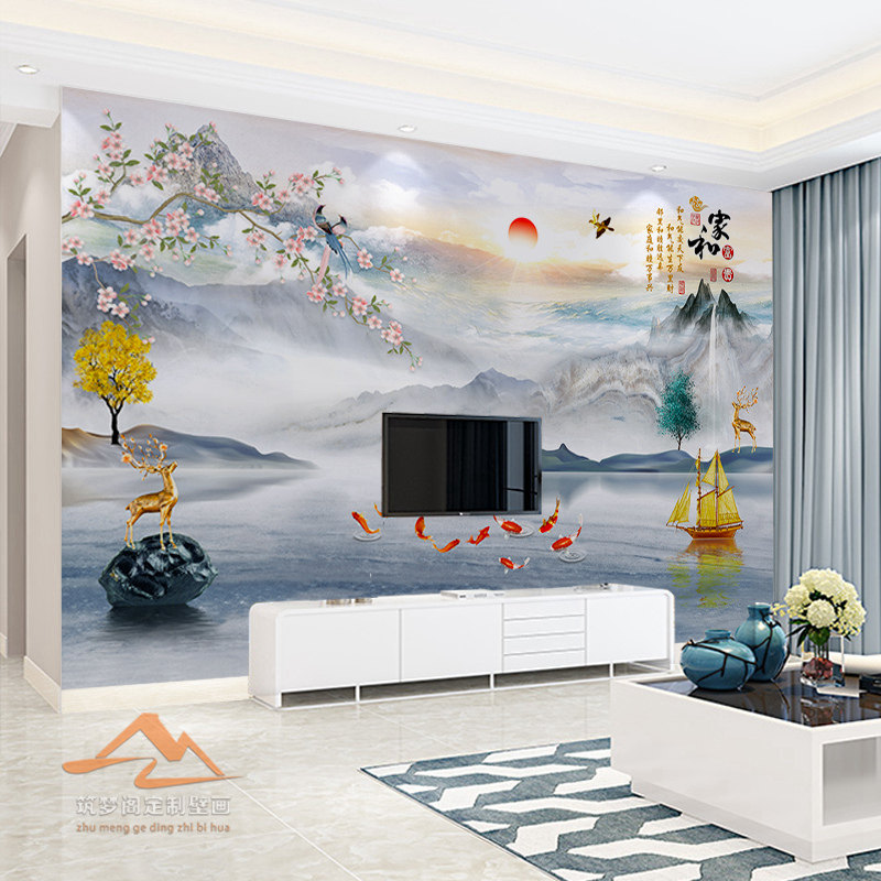 新中式山水画电视背景墙壁纸壁布客厅大气定制壁画2025新款墙布,家装主材,定制壁画,淘宝优惠券,粉丝福利购,淘宝优惠卷