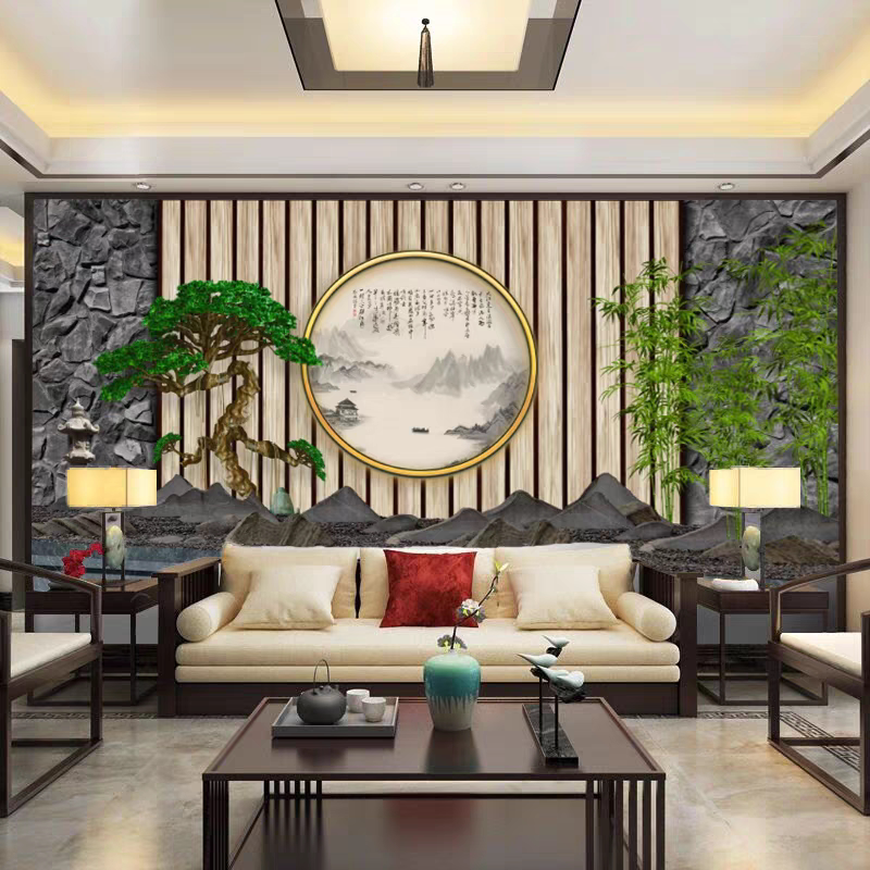 新中式立体木格栅山水浮雕壁画图片