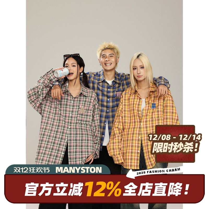 MANYSTON美式复古翻领格子衬衫男