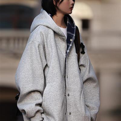 Nobodyknows秋冬日系复古纯色格纹开衫男女休闲宽松连帽卫衣外套