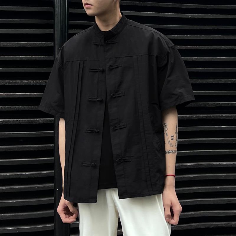 新中式中国风盘扣中山装男高级感立领短袖衬衫男夏季宽松衬衣外套