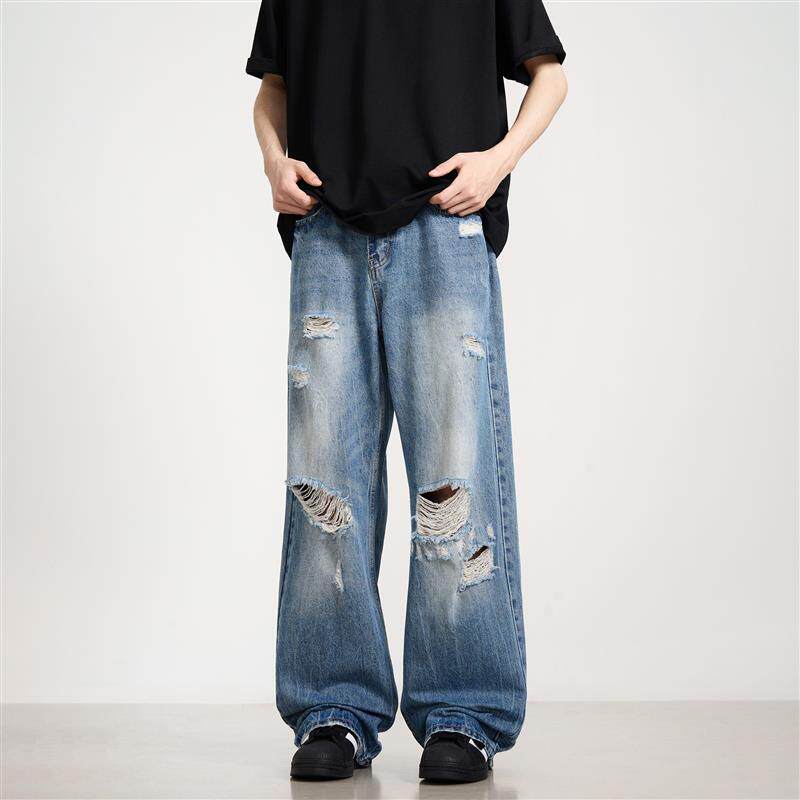 KISKO高街美式破坏破洞水洗蓝色牛仔裤男女垂感休闲宽松直筒长裤