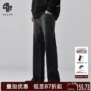 高街潮牌潮流阔腿裤 ALLIN 子美式 男垂感直筒宽松微喇裤 黑色牛仔裤