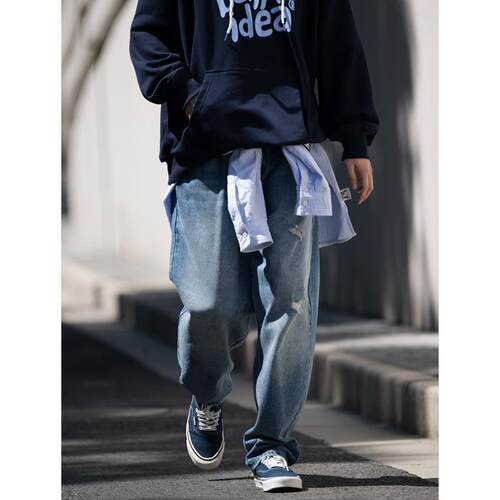 Bellken水洗Cityboy破洞牛仔裤廓形宽松直筒复古流行潮牌长裤男