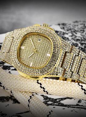 Mens Luxury Brand Full Diamond Hip hop Alloy Band Date Watch