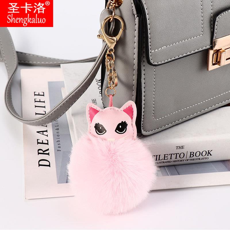 2020新款材质包包情侣配饰毛绒汽车挂件PU卡通小猫咪毛球钥匙扣