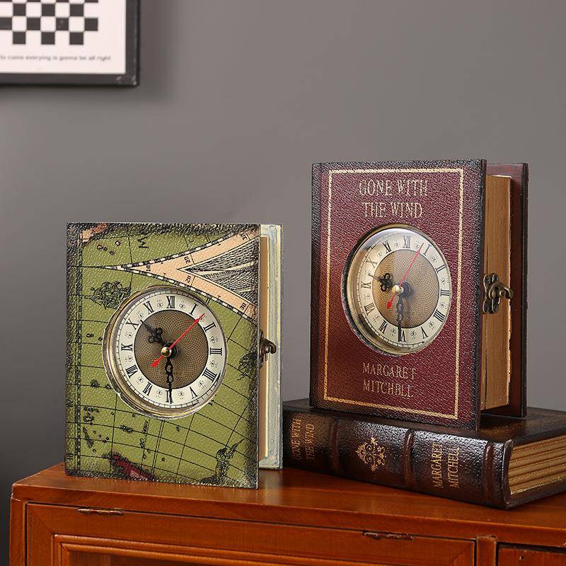 北欧复古做旧木质书形钟表收纳盒家居防尘收纳木盒店铺摆设装饰品
