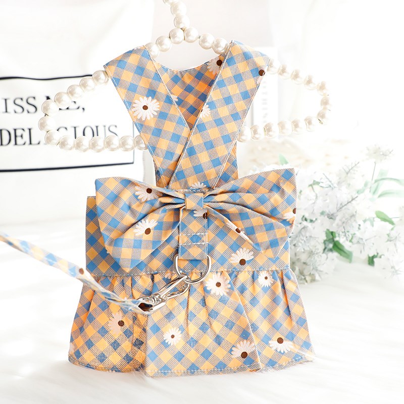 狗狗衣服春夏薄款猫咪公主胸背裙牵引绳子碎花小型犬泰迪宠物4478