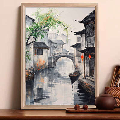 新中式江南水乡客厅餐厅装饰画风景水墨风格摆画玄关挂画小众艺术