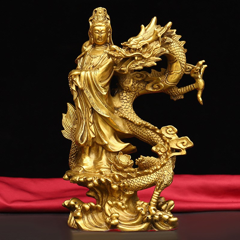 速发黄铜站龙工音骑龙工艺用实用黄铜观音品品家居观艺品摆件