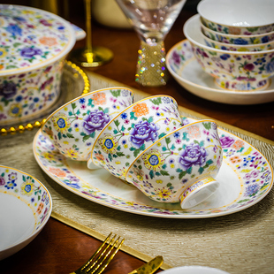 彩轻奢骨瓷碗筷盘子组合餐具套装 速发景德镇碗碟套装 家用2052新款