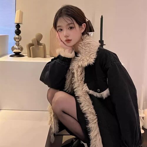 速发大码装高级感加绒牛仔棉套外妹妹秋冬加厚保暖棉衣胖服