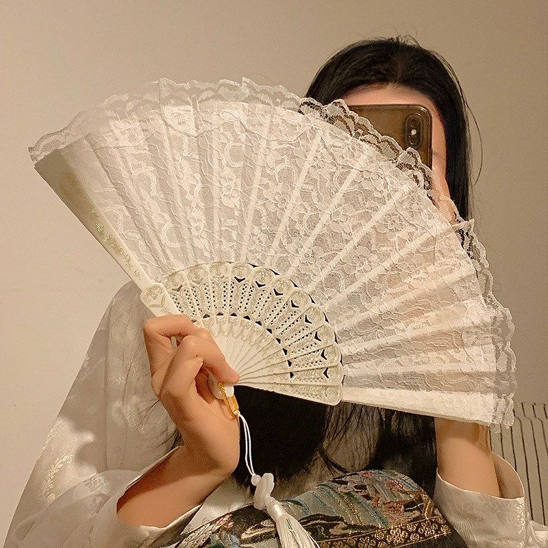 速发新中式古风白色蕾丝折叠扇子中国风汉服旗袍马面裙折扇拍照道