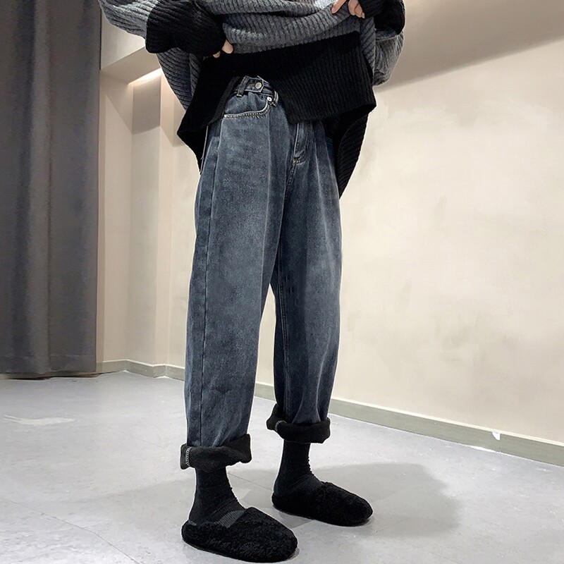 速发梨形身材直厚加绒加筒牛仔裤胖码宽松大妹妹高腰保暖阔腿裤图片