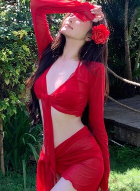 速发Sum大纯欲袖红色显白性感比基尼四件套长r遮肉度假分体