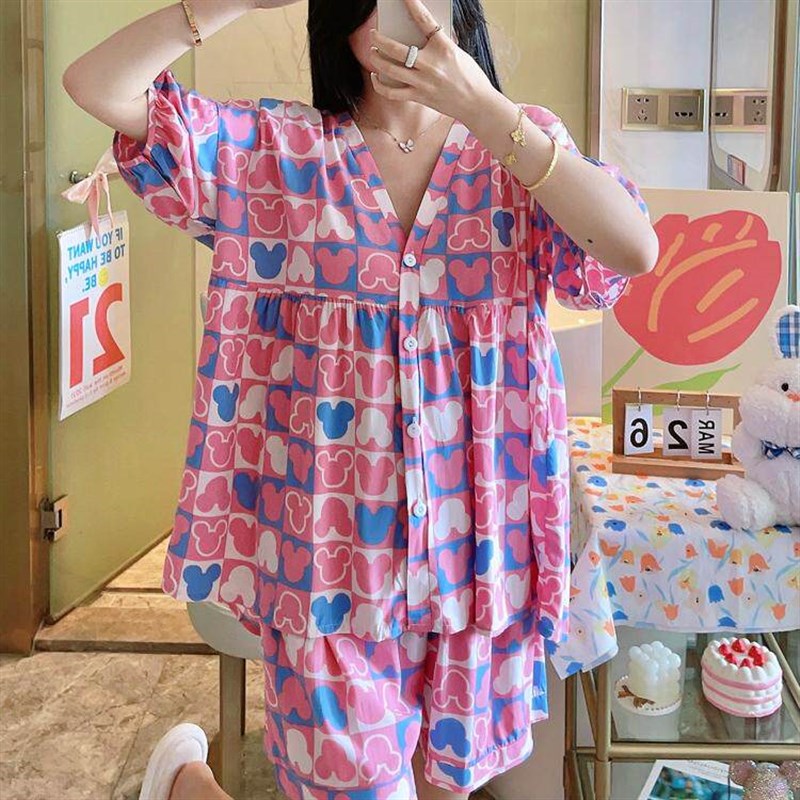 速发开衫套装夏松棉睡绸衣超薄款宽季加大码短裤家居服