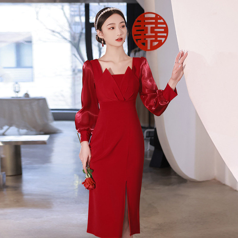 速发敬酒服新娘2025新款高婚鱼尾可礼服订级感酒红色连衣裙平时晚