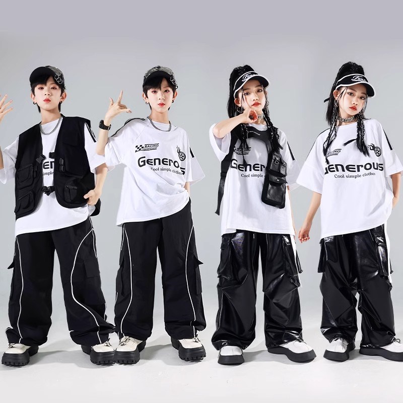 速发男儿街舞爵出服hiphop架子鼓潮装少孩嘻哈马甲套装孩演士舞服