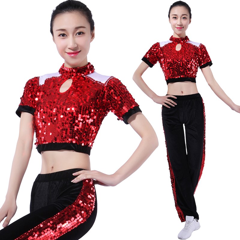 速发健台操服装新款大学生艺术体美服装红色两片啦啦队服装舞操设
