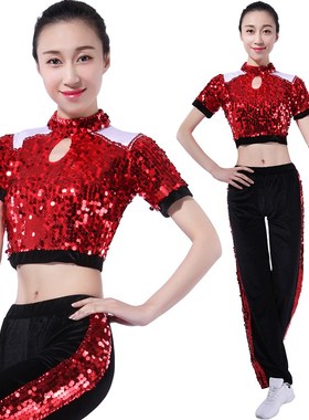速发健台操服装新款大学生艺术体美服装红色两片啦啦队服装舞操设