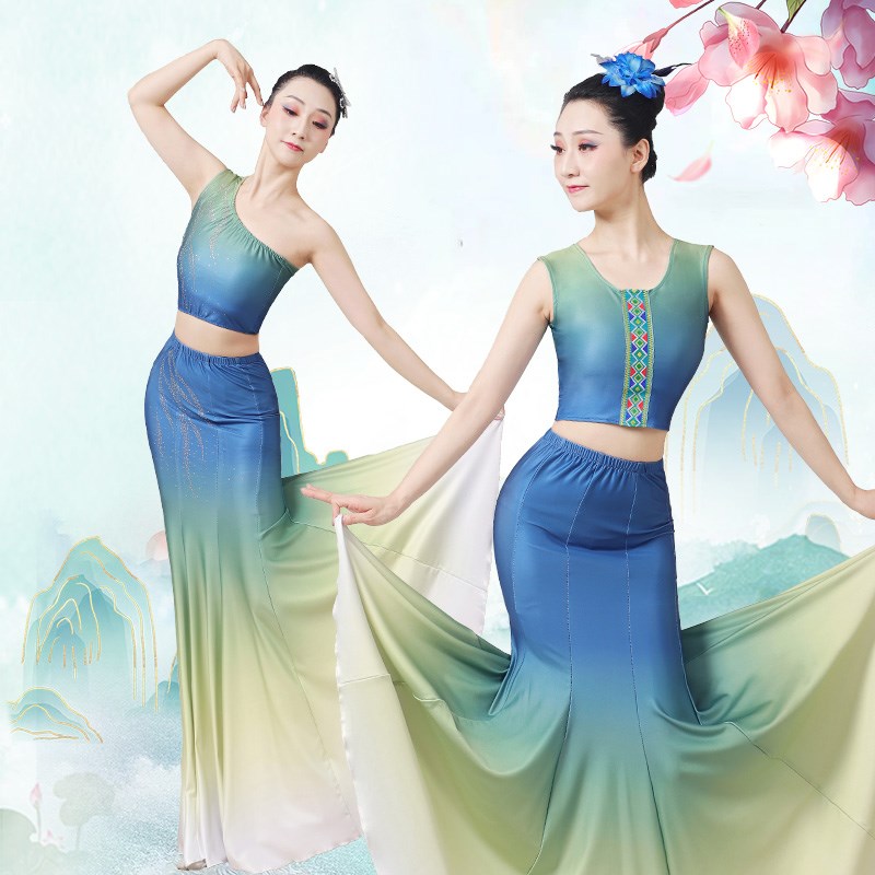 速发新款傣族舞蹈服装傣族舞蹈演出服弹力鱼尾练习裙艺考练功服大