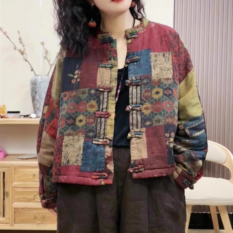 速发复古做旧砂洗炒色亚麻棉式秋冬季中衣外扣棉服士花色棉袄盘套