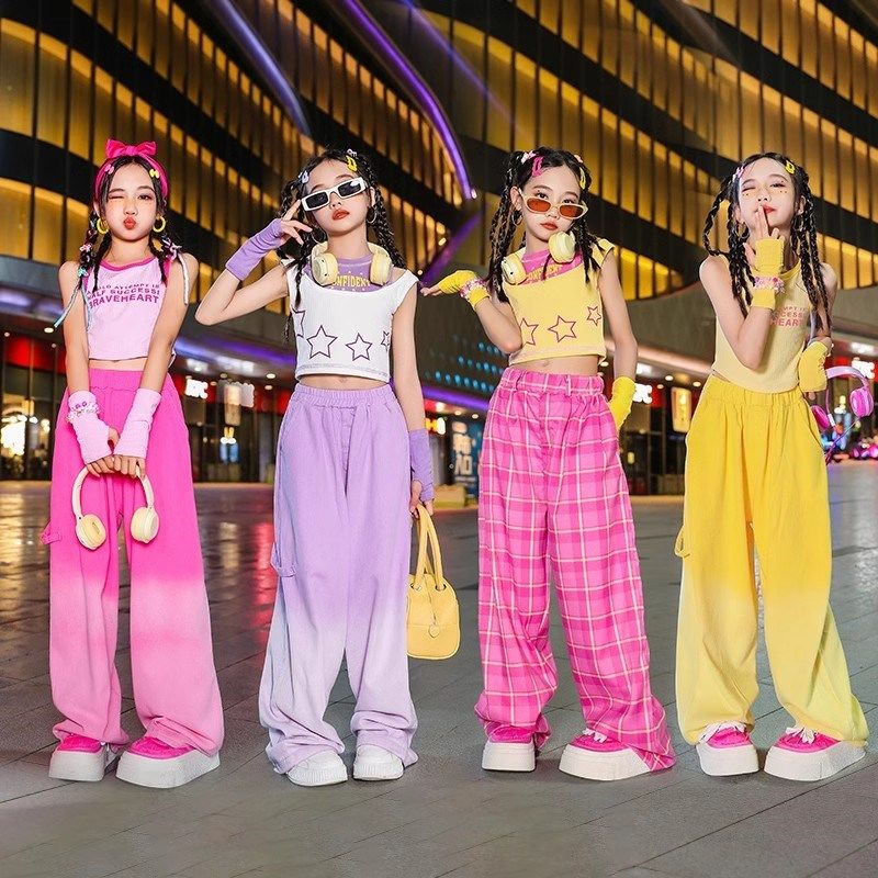 速发爵士舞孩服装露走套装韩版演巴胺时髦孩脐秀舞蹈服街舞表多服