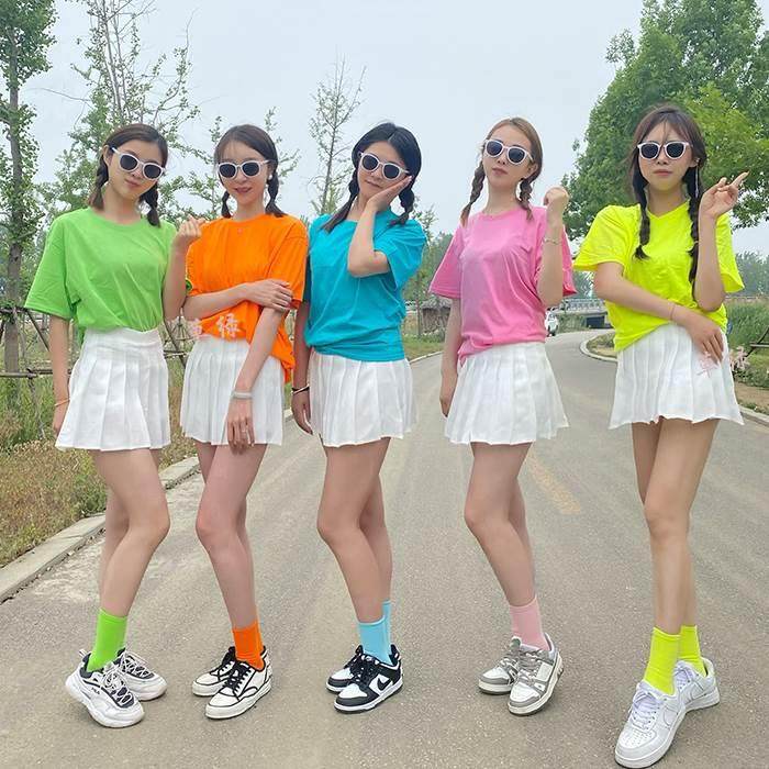 纯棉体恤2024夏季新款糖果色纯色姐妹短袖宽松T恤女闺蜜旅游班服