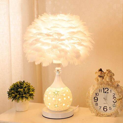 速发羽毛温馨家用室灯浪约灯卧台简漫婚房装饰结婚牀头小夜灯