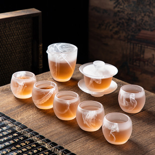 玻璃加厚泡茶器功夫盖碗茶杯公道杯整套家用礼品 水墨琉璃茶具套装