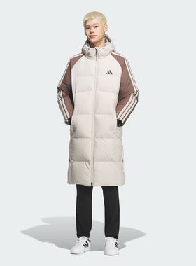 adidas阿迪达斯男子户外运动保暖三条纹长款连帽羽绒服外套KQ5495