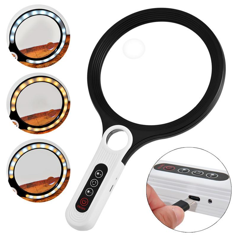 适配充电三色LED灯亮度调节135mm大镜片手持放大镜5-10倍阅读看书