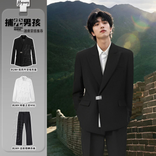 新中式 设计师款 男套装 正装 金属扣垫肩西服高级痞帅外套 双层领西装