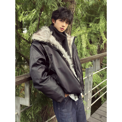 黑色座山雕毛领羽绒棉服秋冬加厚