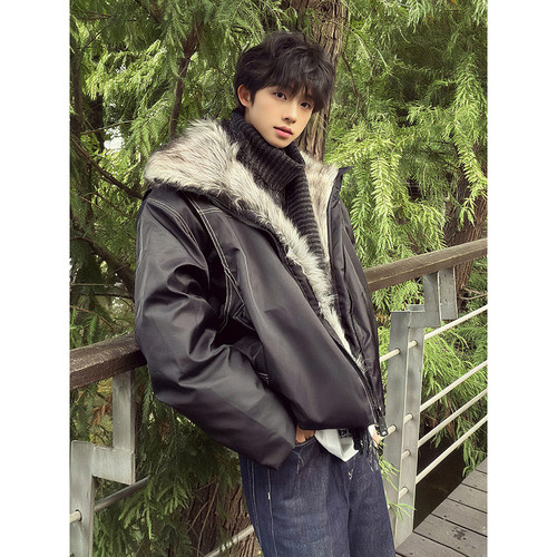 黑色座山雕毛领羽绒棉服秋冬加厚