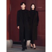 韩系高级感情侣毛呢大衣男女中长款 双排扣呢子外套西装 领英伦风衣