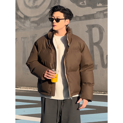 美拉德咖啡色pu皮棉衣男款冬季