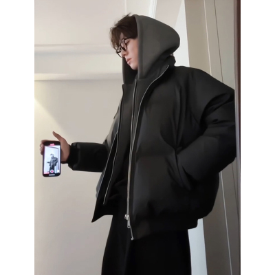 黑色假两件pu皮羽绒棉服冬季男款