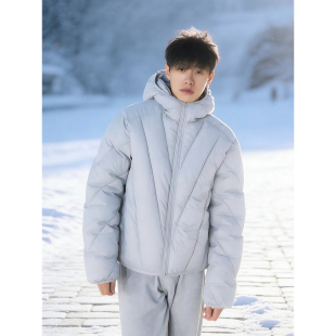 浅灰色连帽排骨羽绒服男冬季美式V型射线外套防寒不臃肿羽绒棉衣