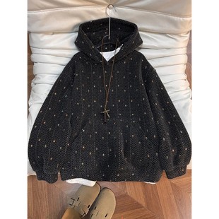 美式复古多巴胺波点连帽卫衣男秋冬季重磅针织外套情侣装正肩上衣