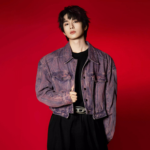 复古风重工牛仔衣 夹克美式 紫色短款 垫肩牛仔外套男模穿搭痞帅工装