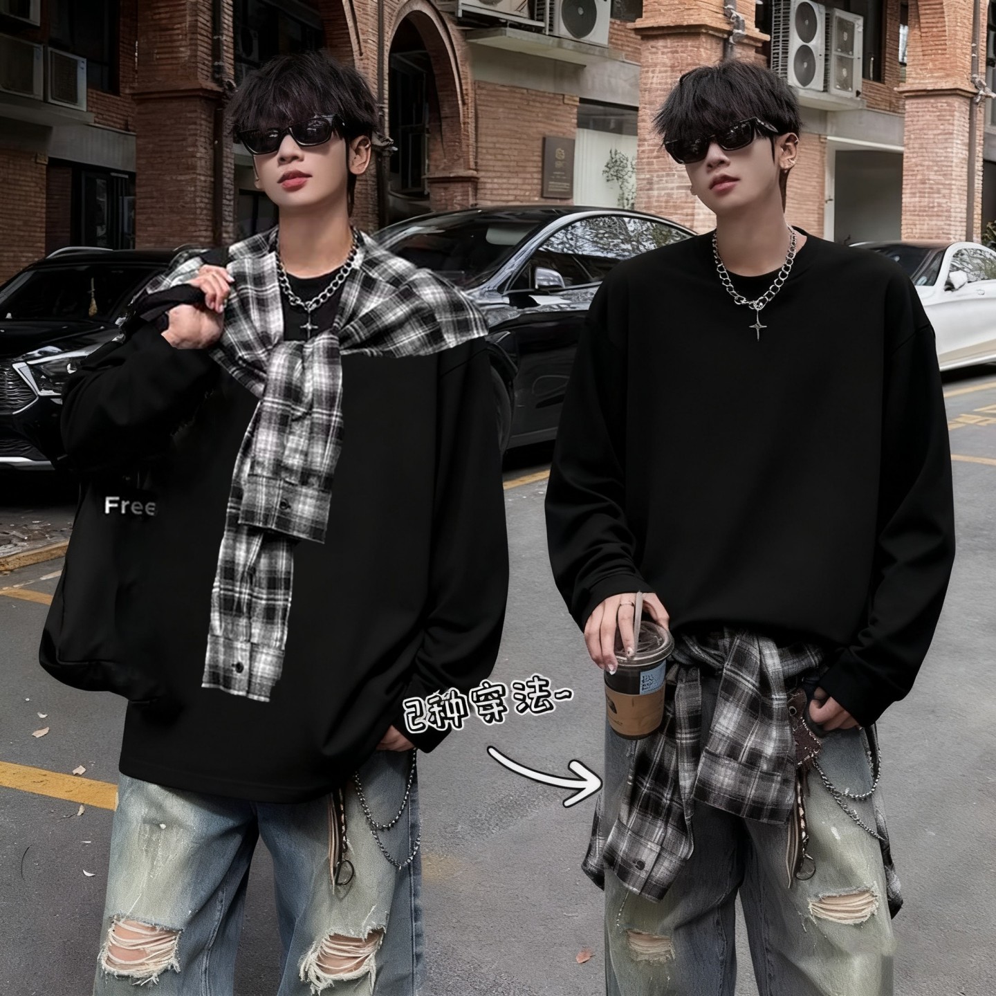 美式街头风格子披肩t恤男生韩系