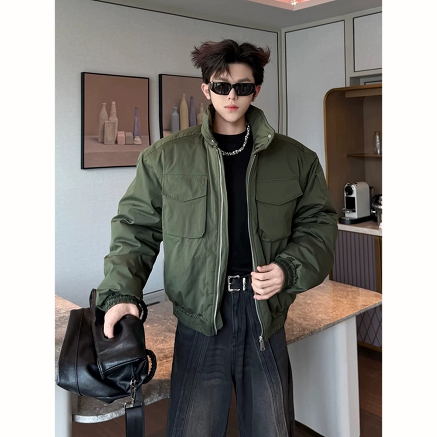 军绿色短款高领轻骑兵男士外套冬加厚年轻痞帅棉衣东北防寒大棉袄