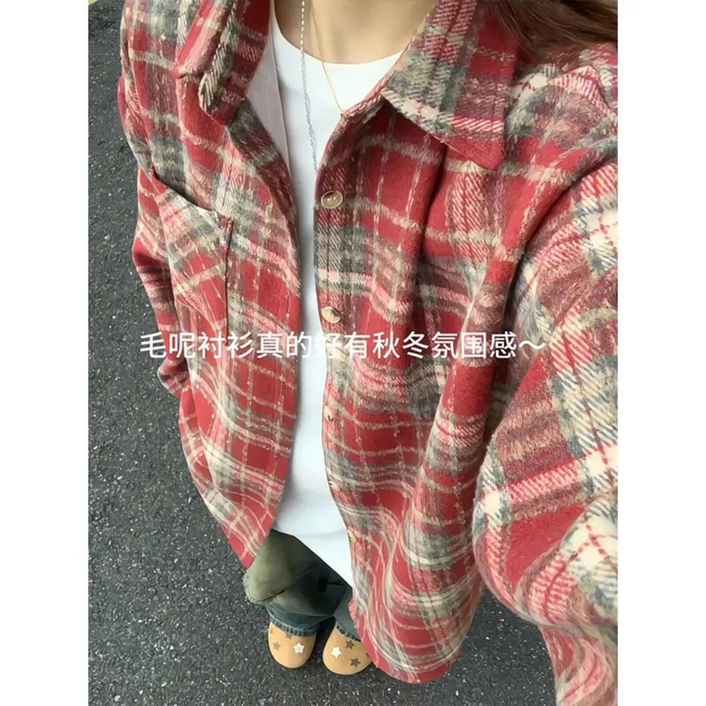 酒红色磨毛长袖衬衫男女秋冬美式