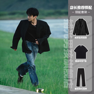 休闲西服戗驳领单西外套 高级感痞帅韩版 白敬亭同款 垫肩dk男生西装