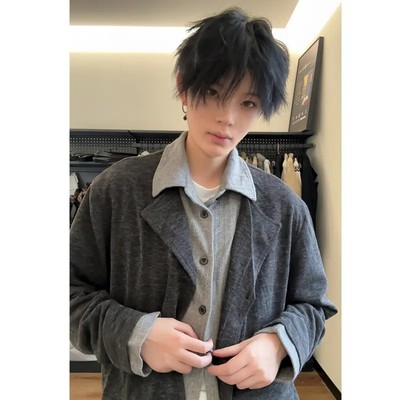 假两件衬衫领针织开衫男秋冬撞色